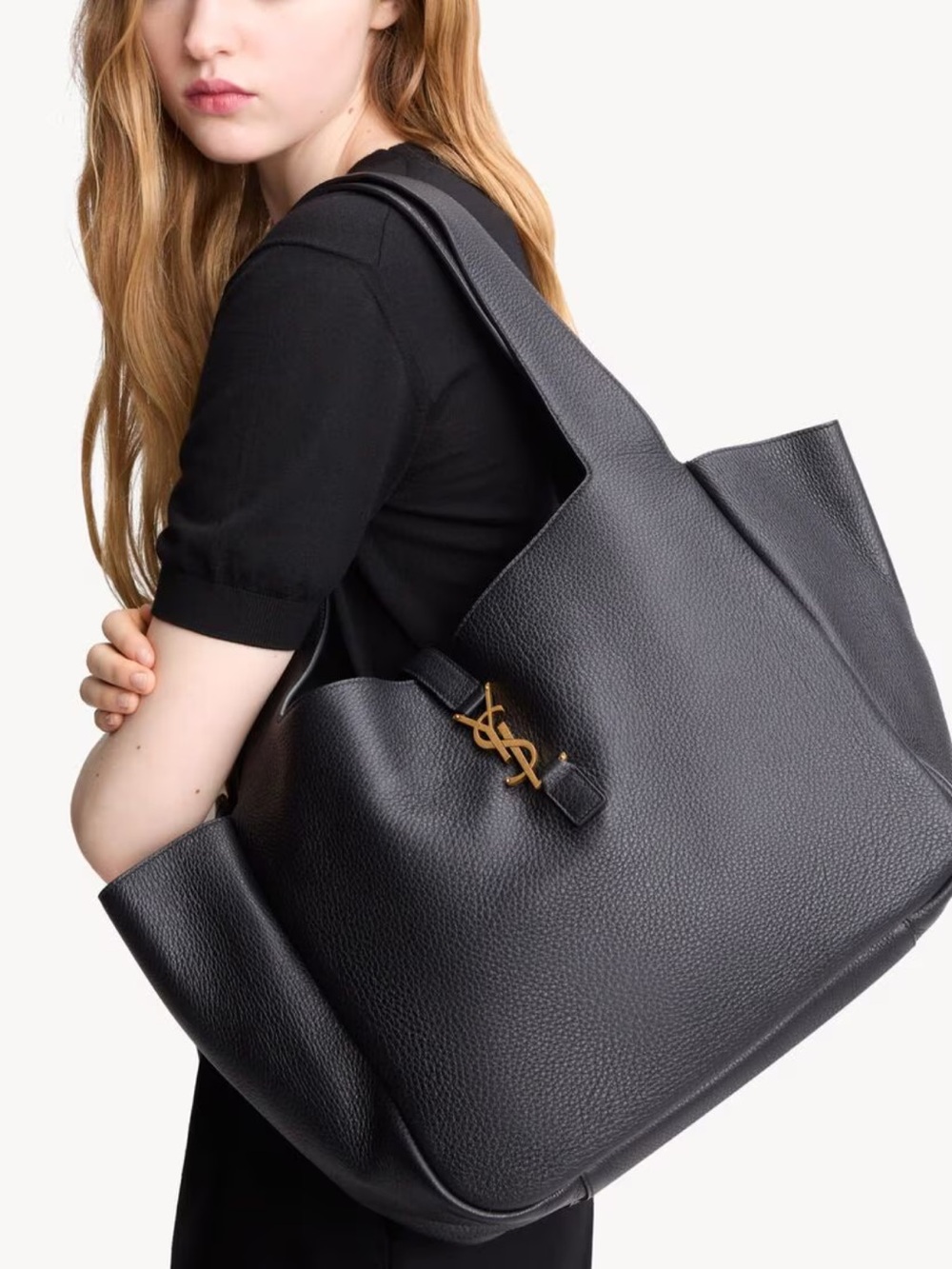Saint Laurent Black Leather Tote with Gold YSL Emblem - Picture 9 of 12